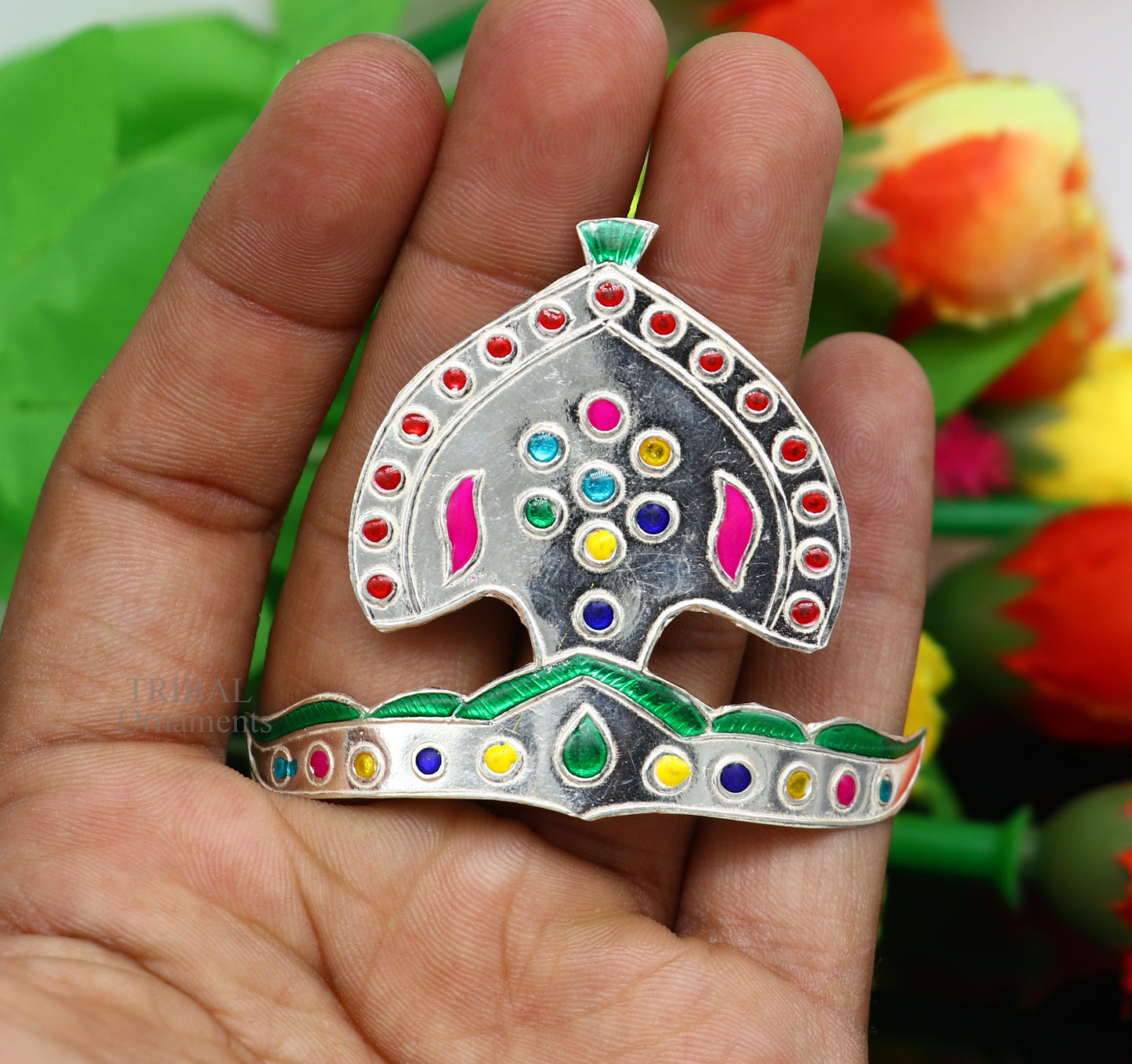 Pure 925 sterling silver vintage antique design mukut (crown), amazing handmade enamel design silver god crown home temple god hat su695 - TRIBAL ORNAMENTS