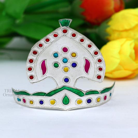 Pure 925 sterling silver vintage antique design mukut (crown), amazing handmade enamel design silver god crown home temple god hat su695 - TRIBAL ORNAMENTS