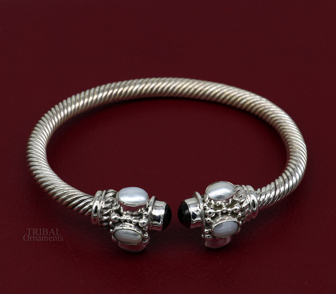 925 sterling silver handmade solid unique design stylish pearl bangle bracelet, best gifting belly dance jewelry form india nsk454 - TRIBAL ORNAMENTS