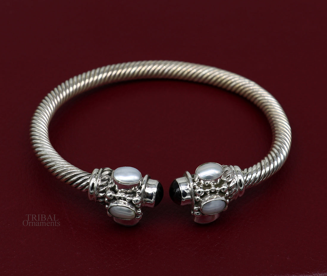 925 sterling silver handmade solid unique design stylish pearl bangle bracelet, best gifting belly dance jewelry form india nsk454 - TRIBAL ORNAMENTS