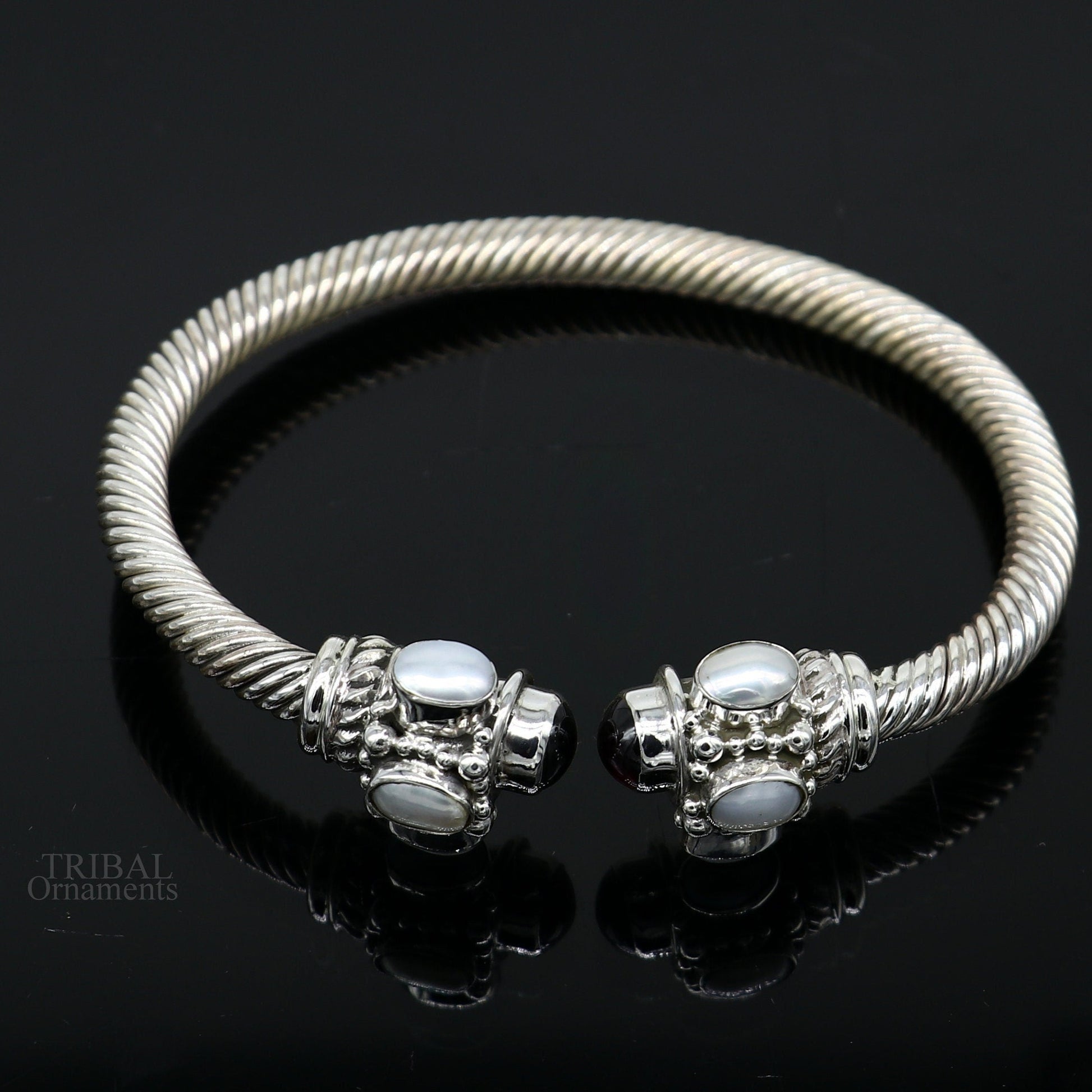 925 sterling silver handmade solid unique design stylish pearl bangle bracelet, best gifting belly dance jewelry form india nsk454 - TRIBAL ORNAMENTS