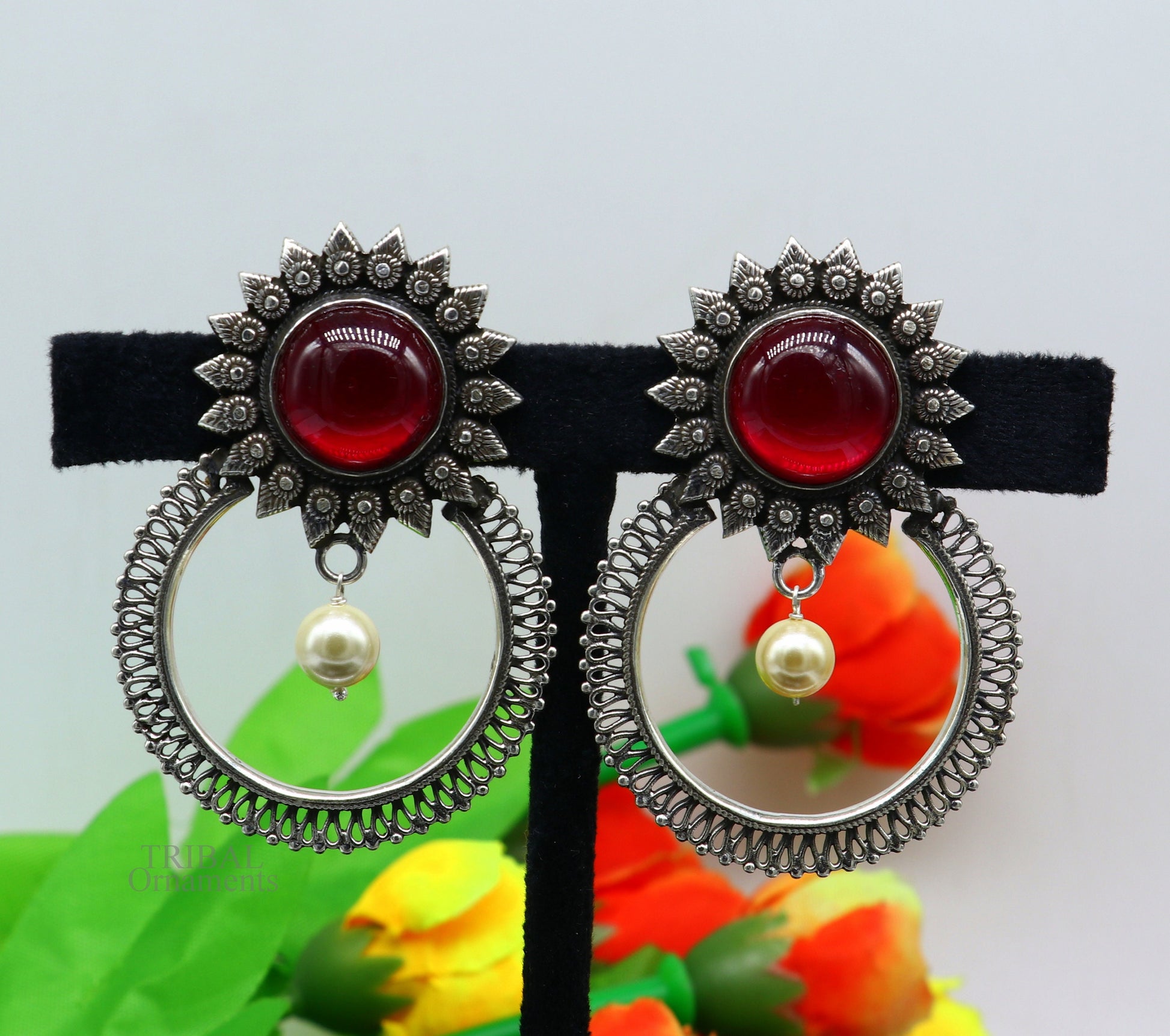 925 sterling silver traditional style handmade fabulous red glossy stone Stud earrings tribal ethnic style earring ear1149 - TRIBAL ORNAMENTS