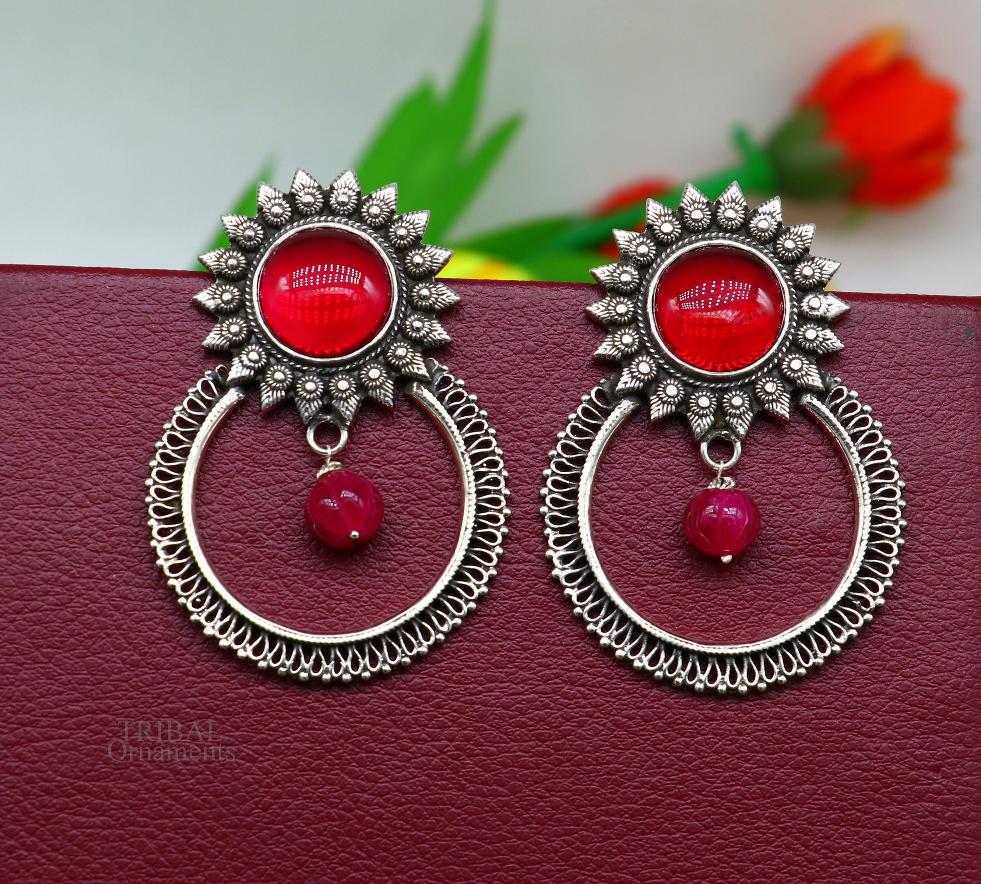925 sterling silver traditional style handmade fabulous red glossy stone Stud earrings tribal ethnic style earring ear1150 - TRIBAL ORNAMENTS