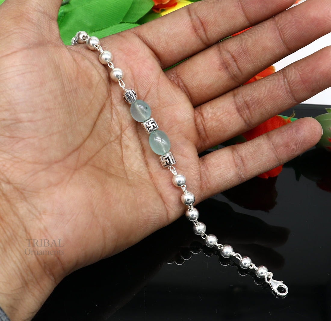 8 inches long 925 sterling silver handmade bracelet, beaded bracelet aqua quartz stone bracelet gorgeous bracelet from india sbr256 - TRIBAL ORNAMENTS