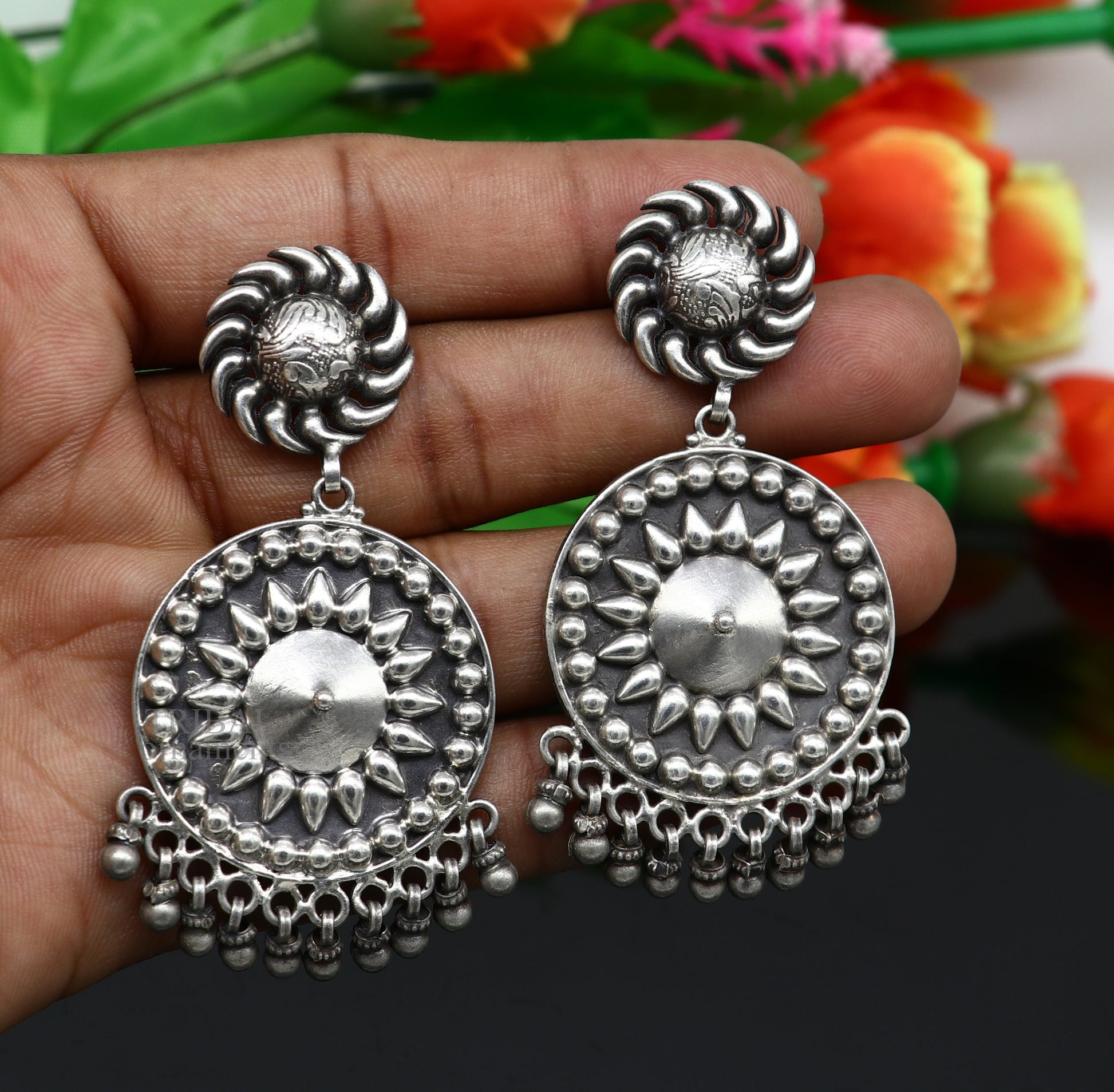 925 Sterling silver handmade flower design stud earrings hanging drops, excellent customized penalized bridesmaid girls jewelry ear1093 - TRIBAL ORNAMENTS