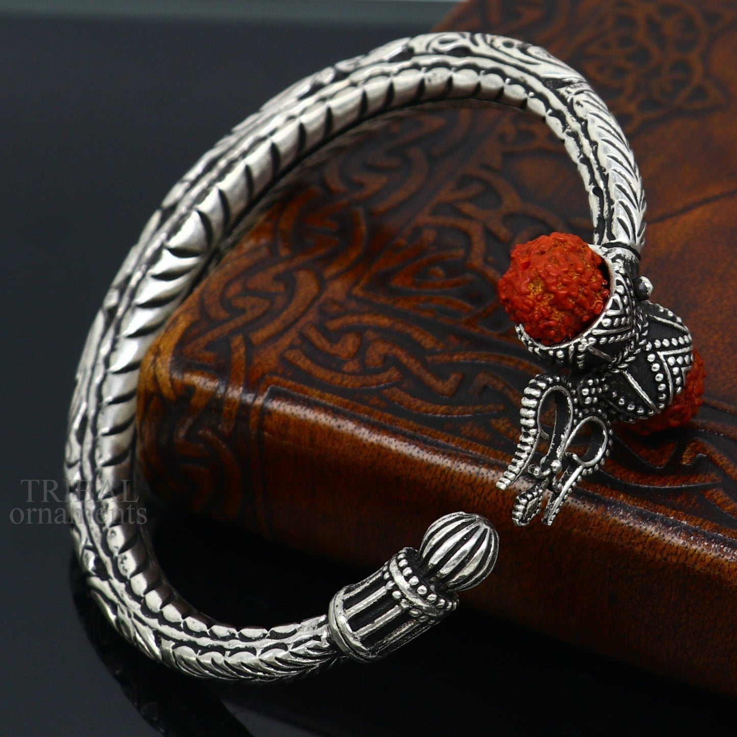 925 Sterling silver handmade chitai work Lord Shiva trident trishul kada bangle bracelet with natural Rudraksha bahubali kada nsk458 - TRIBAL ORNAMENTS