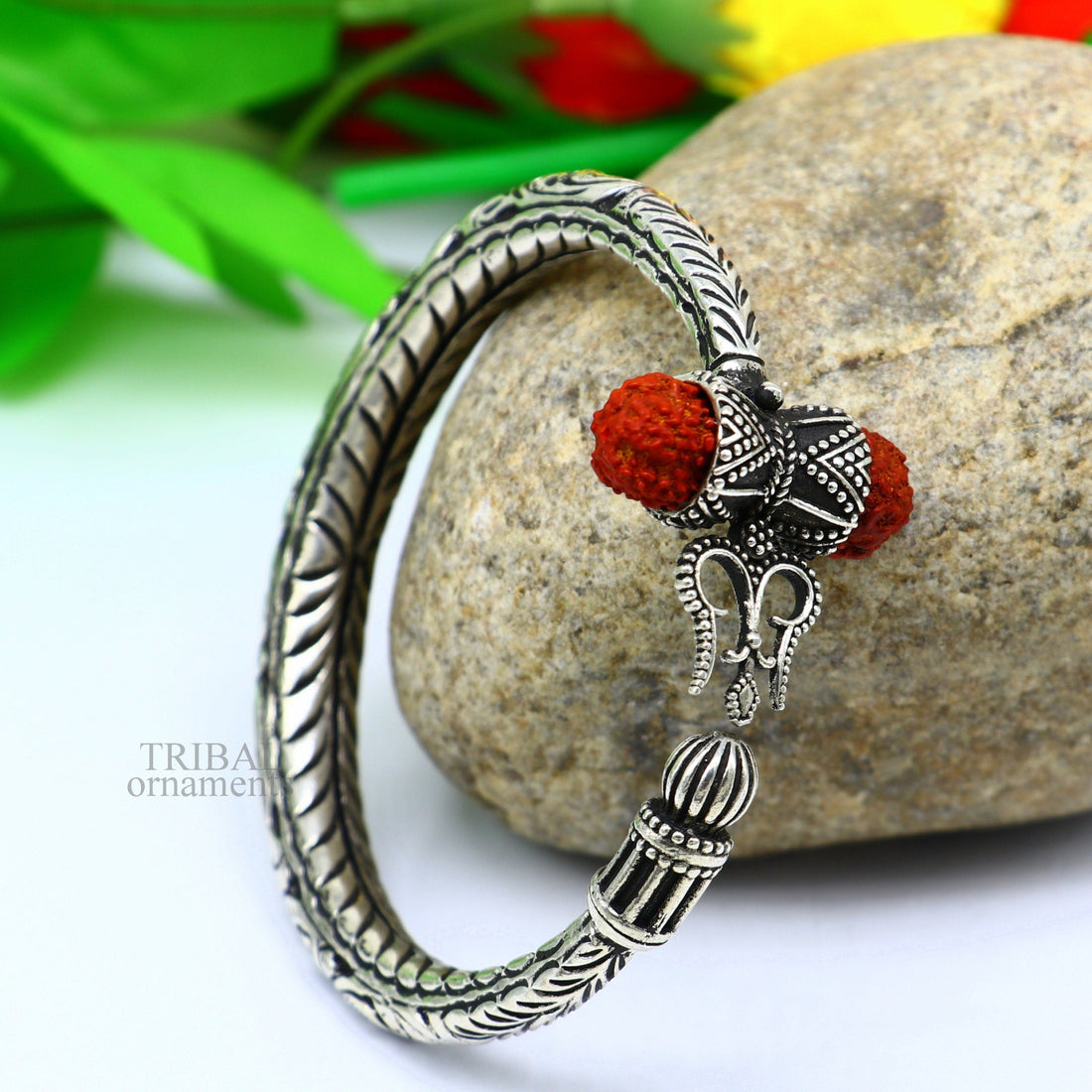 925 Sterling silver handmade chitai work Lord Shiva trident trishul kada bangle bracelet with natural Rudraksha bahubali kada nsk458 - TRIBAL ORNAMENTS