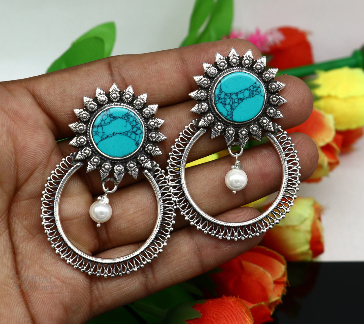 925 sterling silver handmade stud earring, stylish turquoise stone chandbali earring, best wedding jewelry brides gifting earrings ear1141 - TRIBAL ORNAMENTS