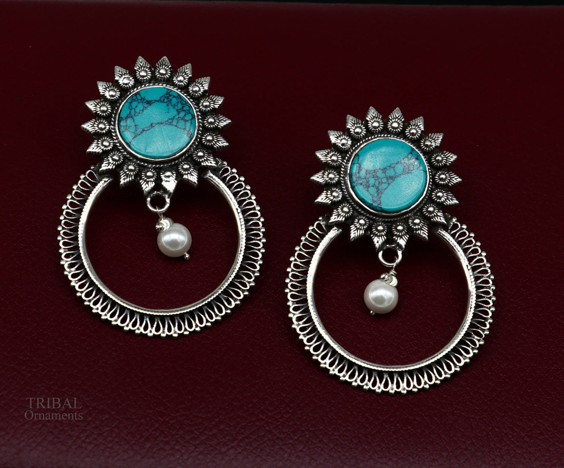 925 sterling silver handmade stud earring, stylish turquoise stone chandbali earring, best wedding jewelry brides gifting earrings ear1141 - TRIBAL ORNAMENTS