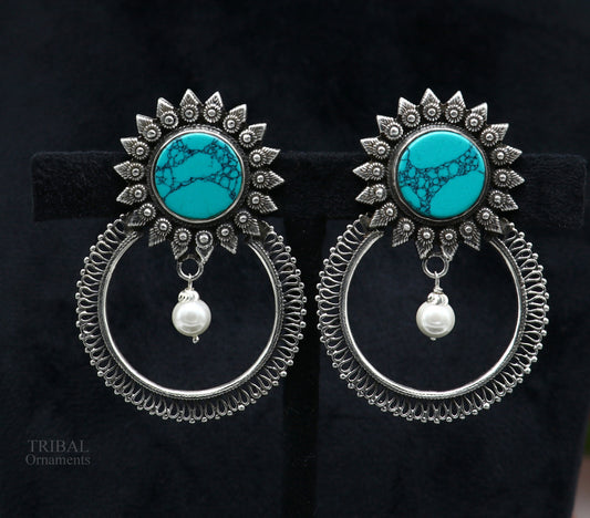 925 sterling silver handmade stud earring, stylish turquoise stone chandbali earring, best wedding jewelry brides gifting earrings ear1141 - TRIBAL ORNAMENTS