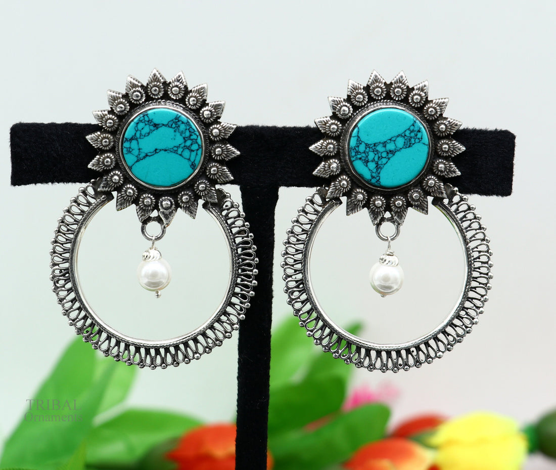 925 sterling silver handmade stud earring, stylish turquoise stone chandbali earring, best wedding jewelry brides gifting earrings ear1141 - TRIBAL ORNAMENTS