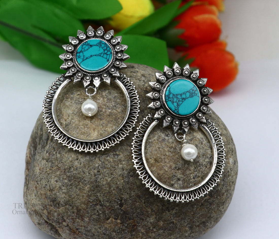 925 sterling silver handmade stud earring, stylish turquoise stone chandbali earring, best wedding jewelry brides gifting earrings ear1141 - TRIBAL ORNAMENTS