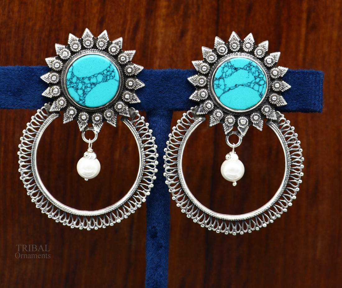 925 sterling silver handmade stud earring, stylish turquoise stone chandbali earring, best wedding jewelry brides gifting earrings ear1141 - TRIBAL ORNAMENTS