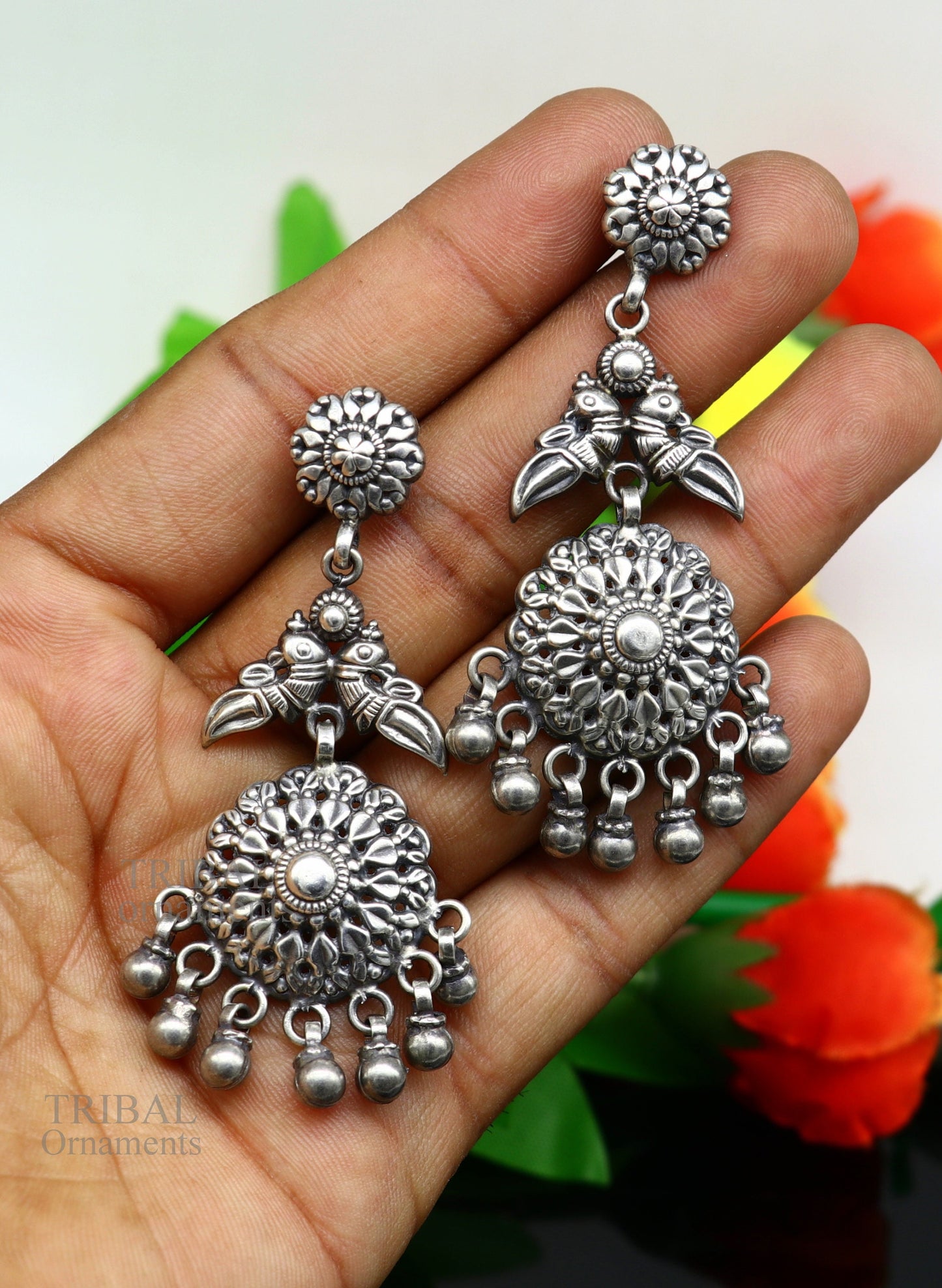 Handmade 925 sterling silver trendy oxidized silver tribal stud Earring, excellent hanging bells party belly dance tribal jewelry ear1106 - TRIBAL ORNAMENTS