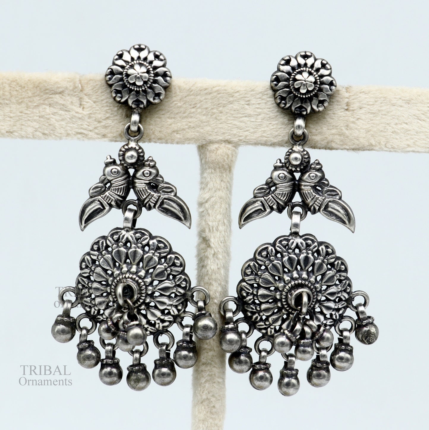 Handmade 925 sterling silver trendy oxidized silver tribal stud Earring, excellent hanging bells party belly dance tribal jewelry ear1104 - TRIBAL ORNAMENTS