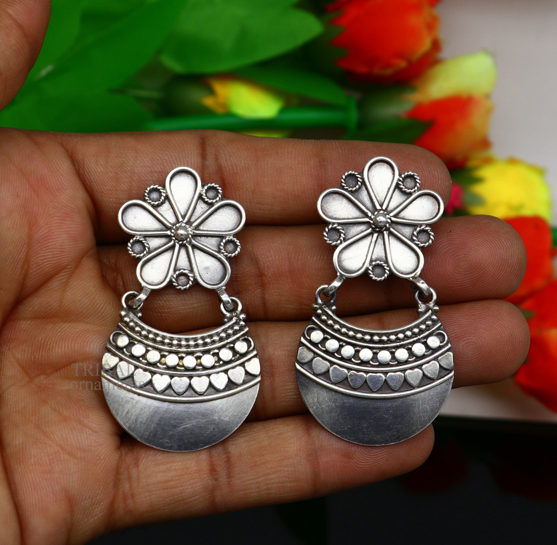 925 sterling silver handmade vintage kalash design floral stud earring attractive gifting jewelry, tribal earring drop dangle ear1102 - TRIBAL ORNAMENTS