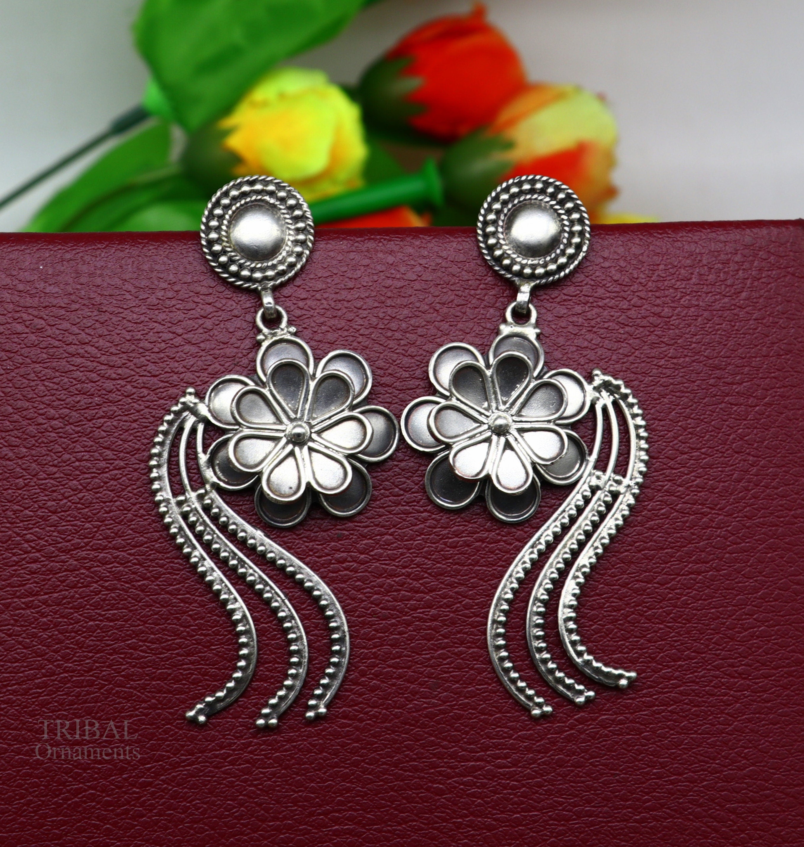 Oxidized silver stone work dangker earring for women and girls. | K M  HandiCrafts India