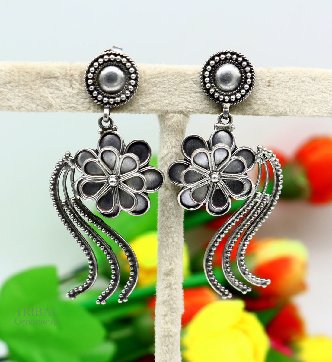 925 sterling silver handmade unique fancy design floral stud earring attractive gifting jewelry, tribal earring drop dangle ear1108 - TRIBAL ORNAMENTS