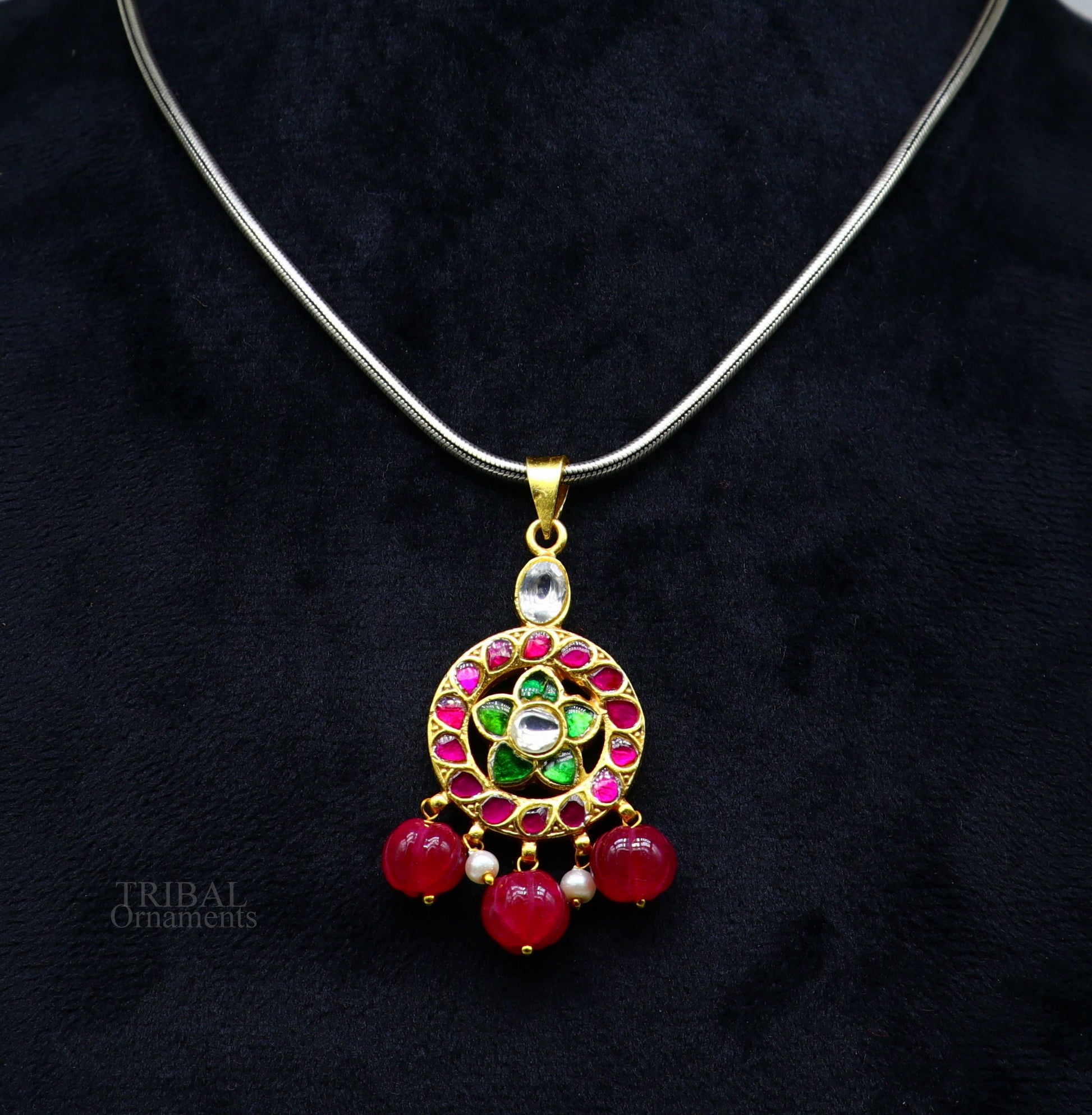 Exclusive gold polished or plated over 925 sterling silver pendant, amazing stylish red green stone and hanging pearl pendant nsp452 - TRIBAL ORNAMENTS