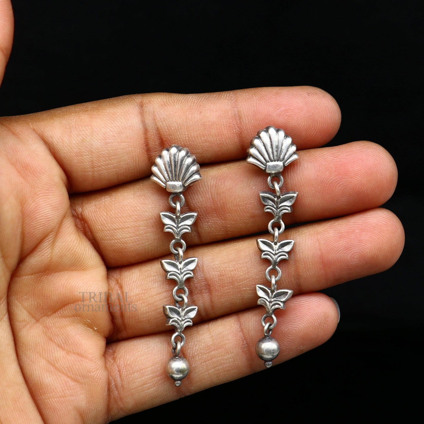 925 sterling silver handmade floral design drop dangle long light weight fancy girl's earring brides jewelry from india ear1142 - TRIBAL ORNAMENTS