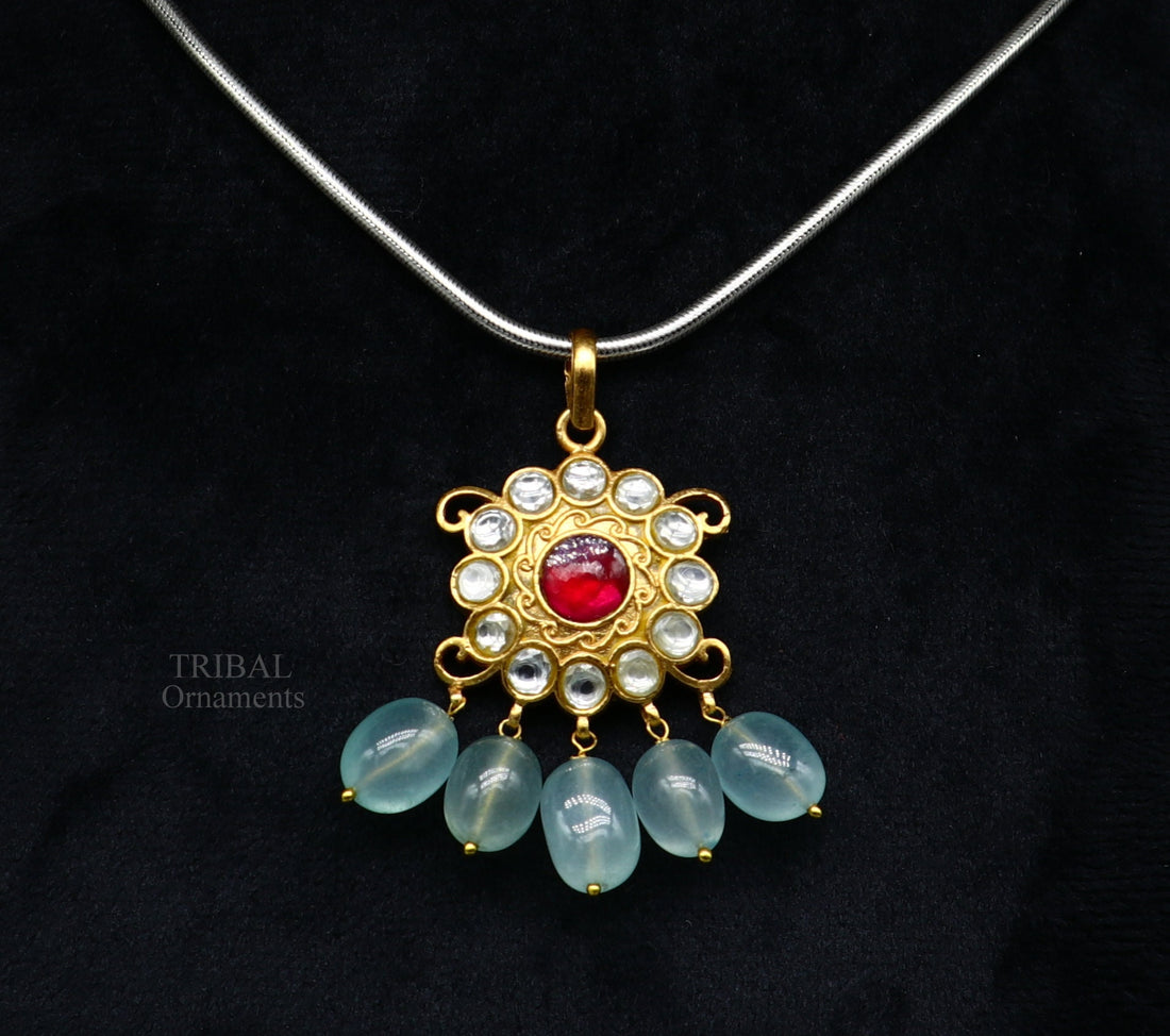 Handmade kundan work 925 sterling silver floral design pendant with gorgeous hanging aqua quartz stone, best gifting wedding jewelry ssp1506 - TRIBAL ORNAMENTS