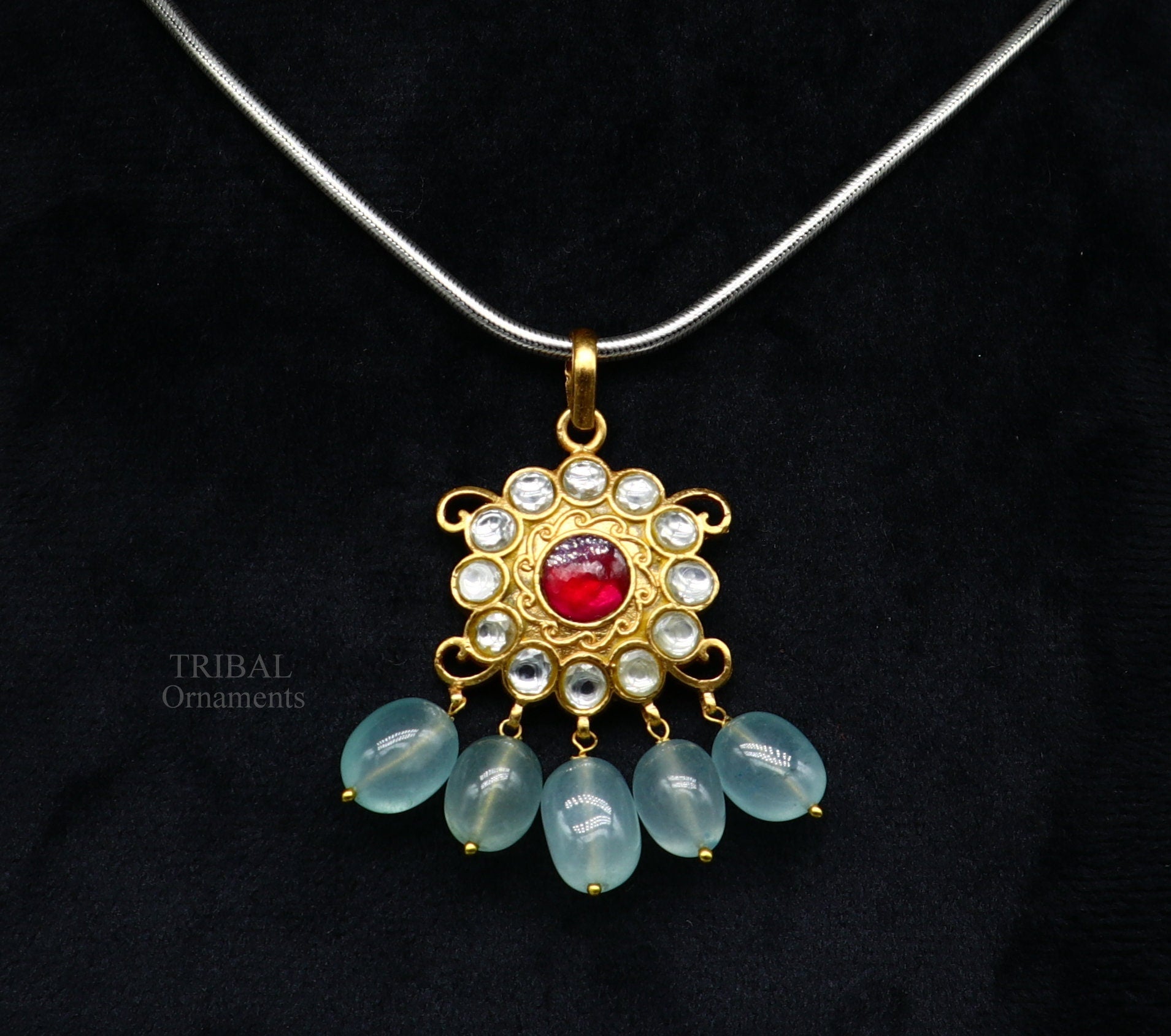 Handmade kundan work 925 sterling silver floral design pendant with gorgeous hanging aqua quartz stone, best gifting wedding jewelry ssp1506 - TRIBAL ORNAMENTS