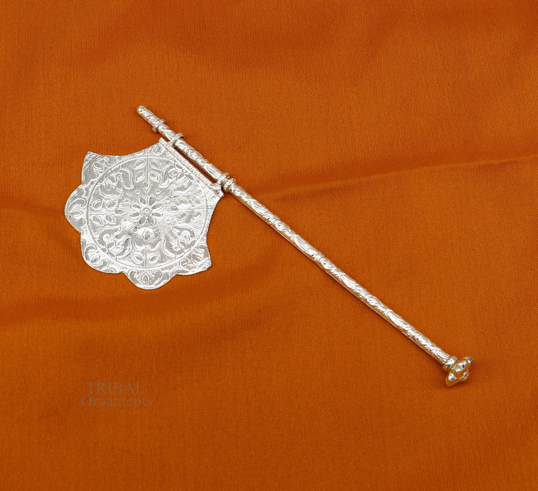 925 sterling silver pankhi, small fan or pankhi for god puja, best gifting to laddu gopala krishna, silver hand fan puja article su687 - TRIBAL ORNAMENTS