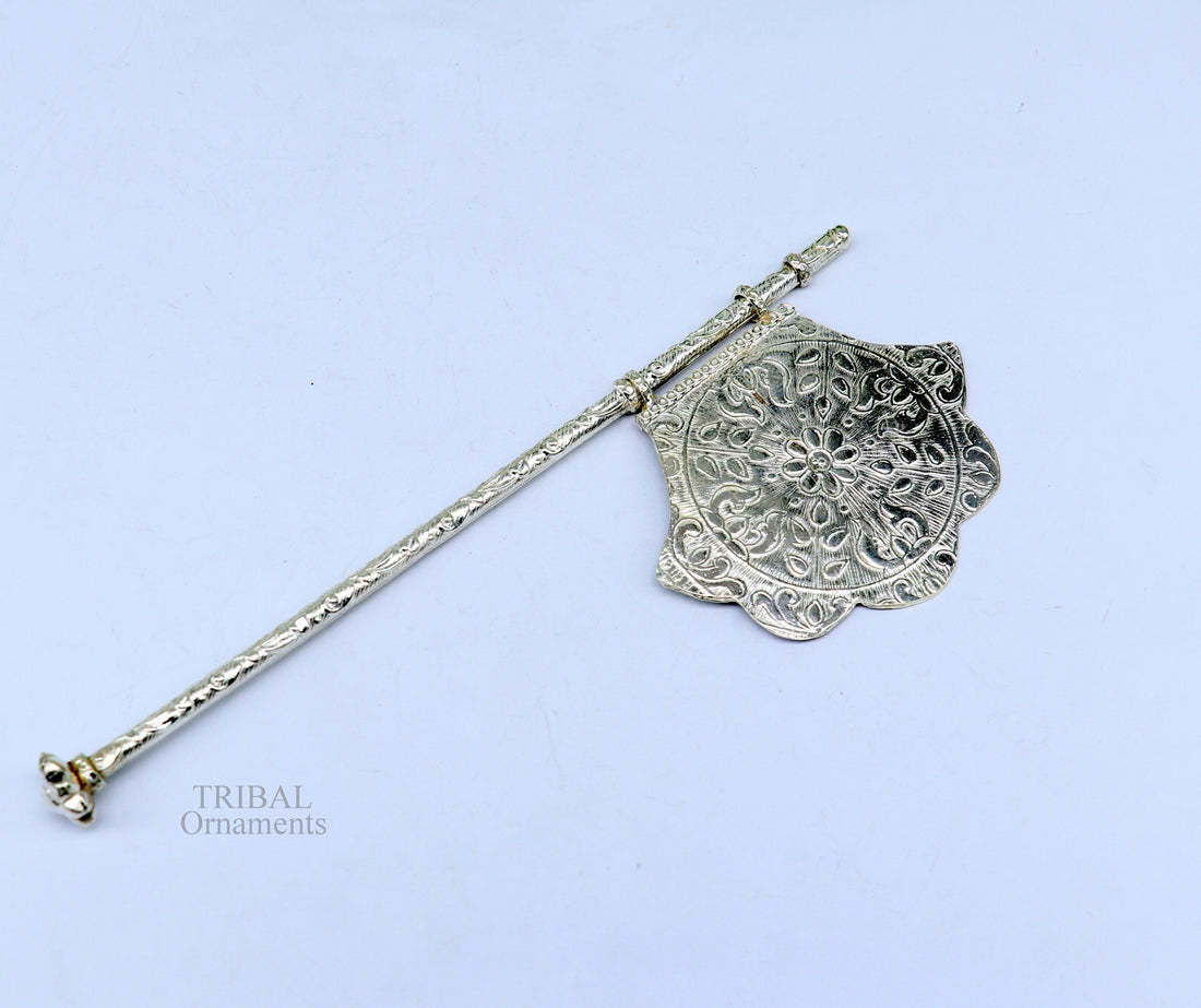 925 sterling silver pankhi, small fan or pankhi for god puja, best gifting to laddu gopala krishna, silver hand fan puja article su687 - TRIBAL ORNAMENTS