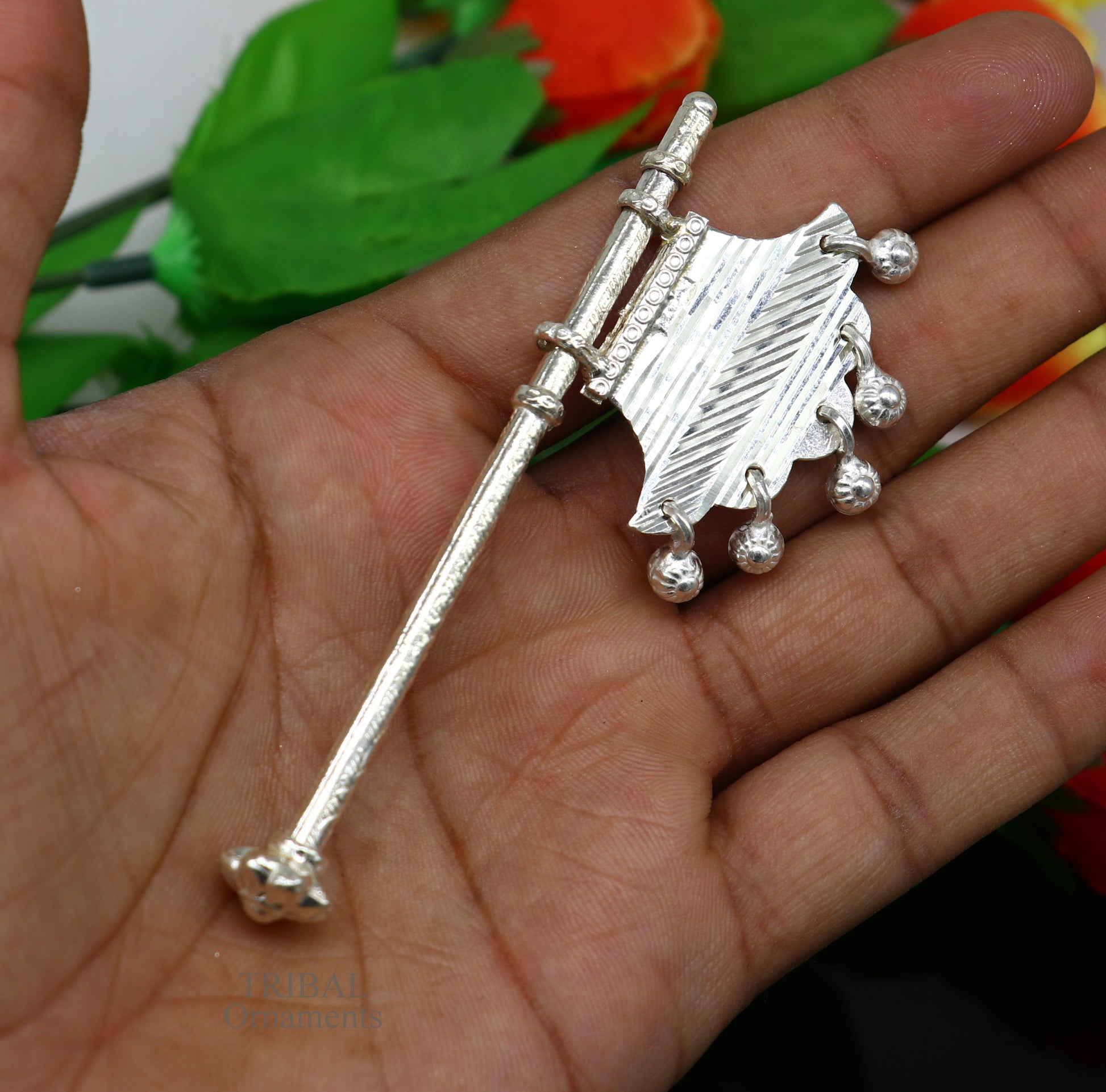 925 sterling silver pankhi, small fan or pankhi for god puja, best gifting to laddu gopala krishna, silver hand fan puja article su689 - TRIBAL ORNAMENTS