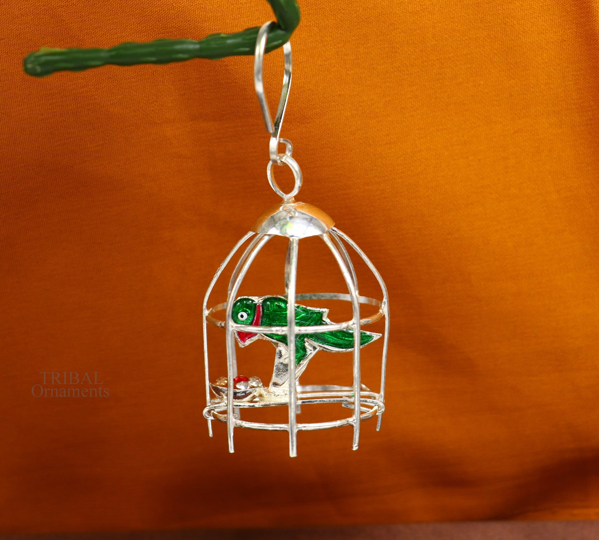 Solid sterling silver handmade toy for idlo krishna, silver parrot with cage, silver article for gifting to God or idol Krishna,  su691 - TRIBAL ORNAMENTS