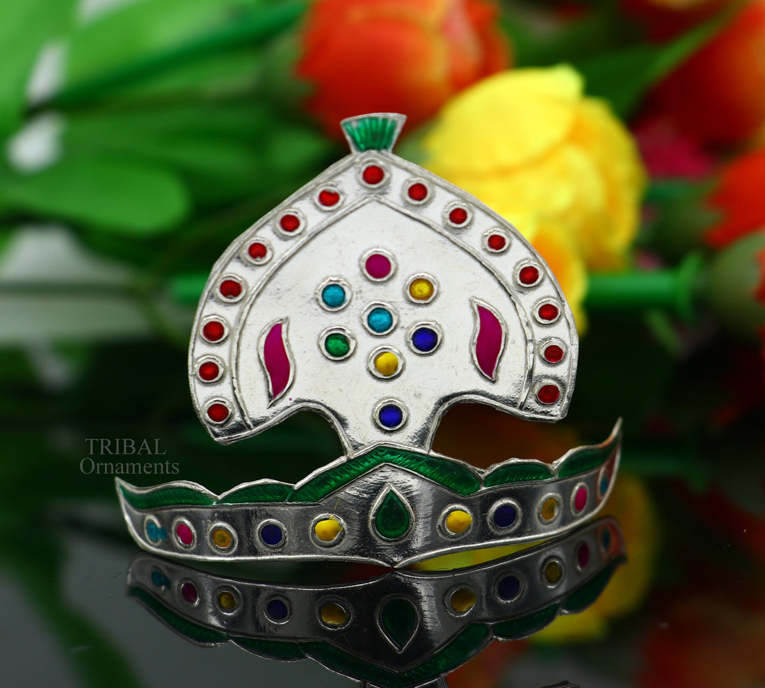 Pure 925 sterling silver vintage antique design mukut (crown), amazing handmade enamel design silver god crown home temple god hat su695 - TRIBAL ORNAMENTS