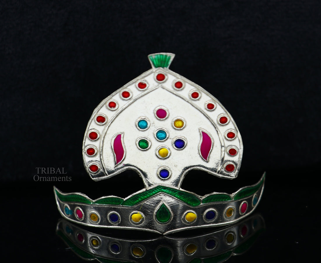 Pure 925 sterling silver vintage antique design mukut (crown), amazing handmade enamel design silver god crown home temple god hat su695 - TRIBAL ORNAMENTS