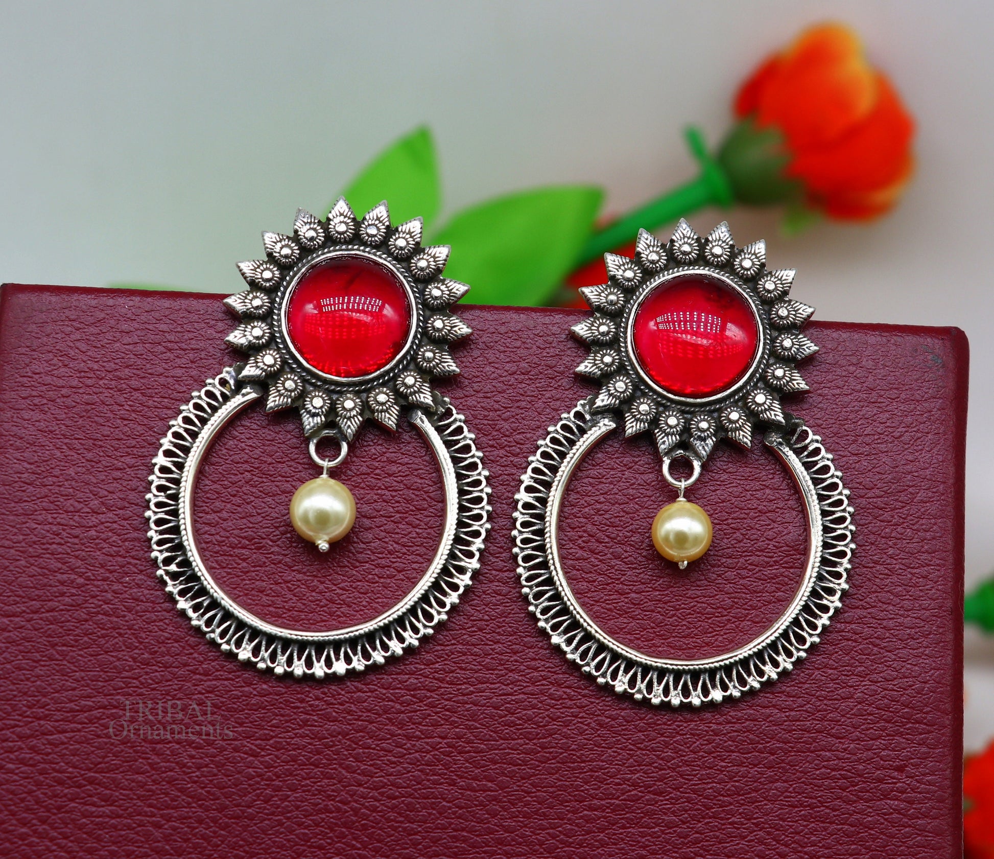 925 sterling silver traditional style handmade fabulous red glossy stone Stud earrings tribal ethnic style earring ear1149 - TRIBAL ORNAMENTS