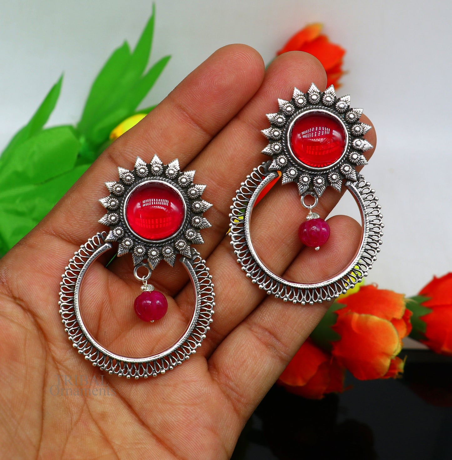 925 sterling silver traditional style handmade fabulous red glossy stone Stud earrings tribal ethnic style earring ear1150 - TRIBAL ORNAMENTS