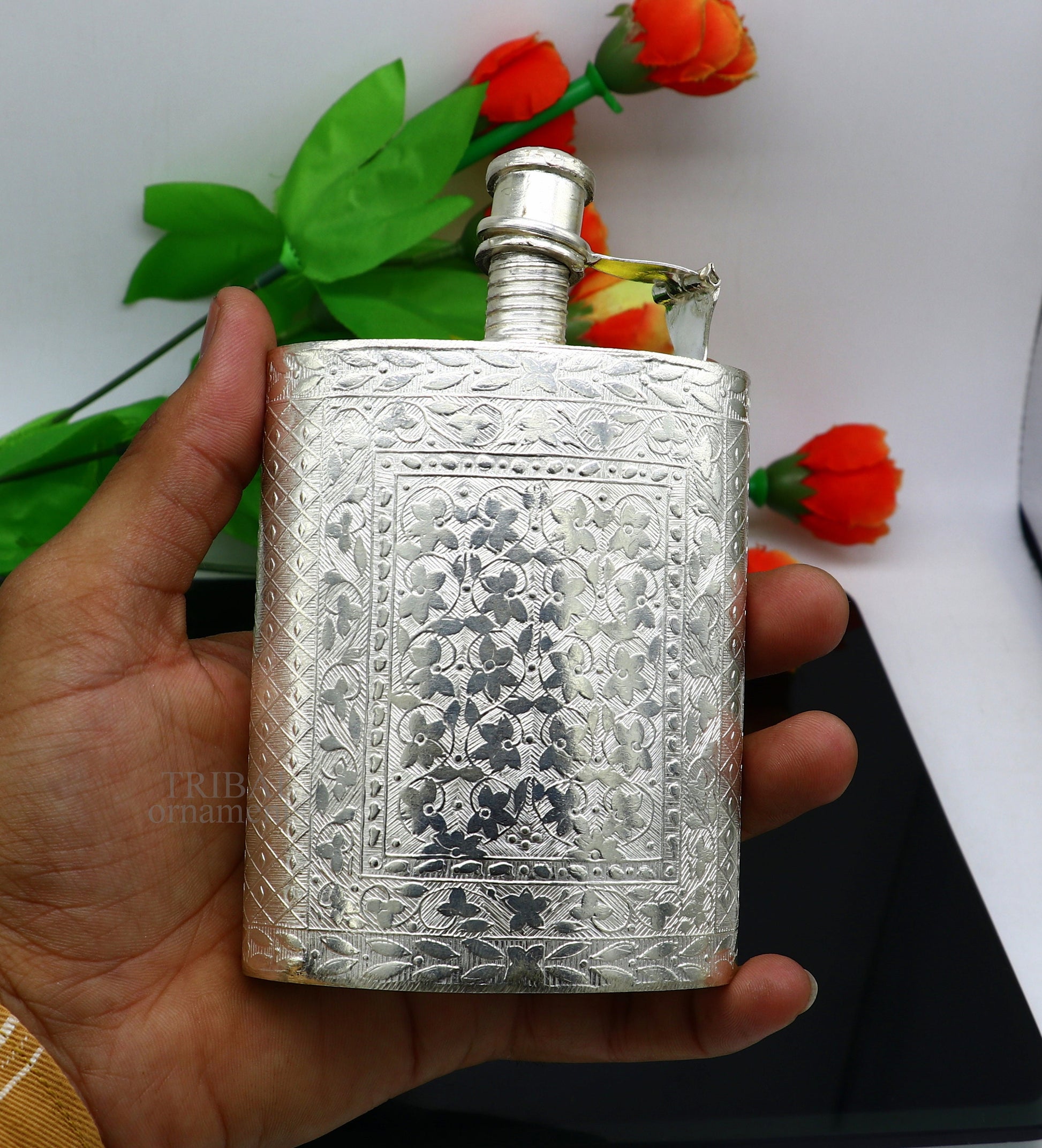 925 sterling silver customized design silver wine bottle, silver drink bottle, royal style silver article, gifting silver utensils  sv260 - TRIBAL ORNAMENTS