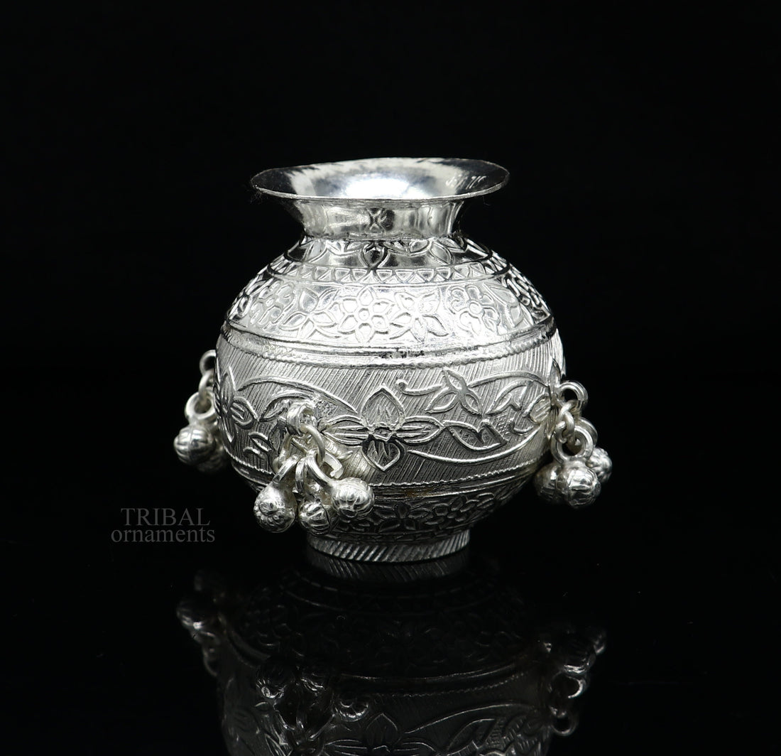 925 sterling silver handmade plain small Kalash or pot, unique special silver puja article, water or milk kalash pot india su703 - TRIBAL ORNAMENTS