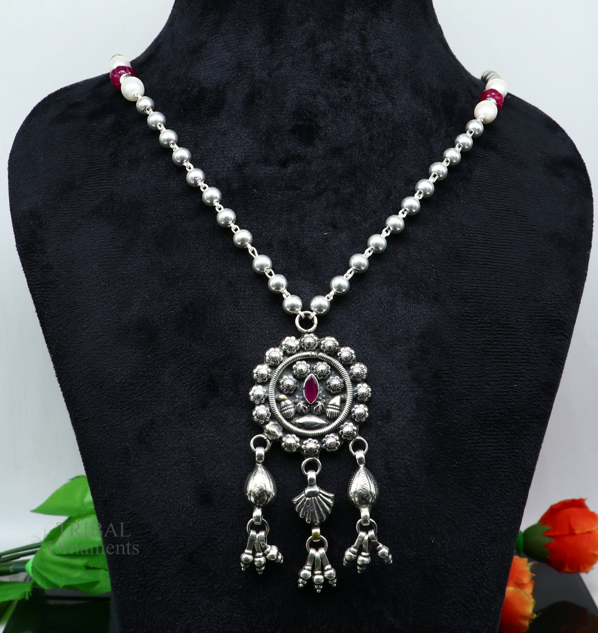 Awesome 925 sterling silver beads chain necklace, gorgeous flower design pendant, traditional style brides mangalsutra necklace nec357 - TRIBAL ORNAMENTS