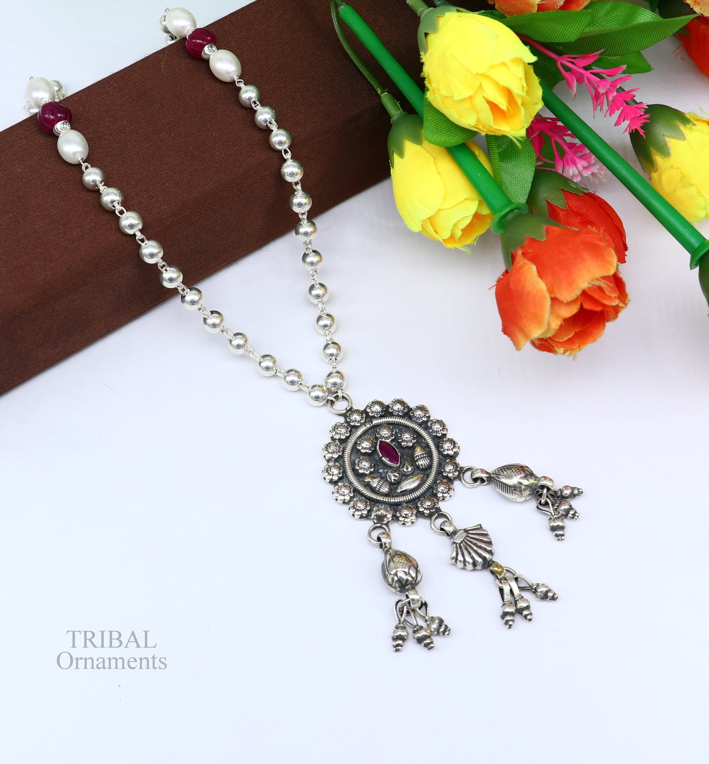 Awesome 925 sterling silver beads chain necklace, gorgeous flower design pendant, traditional style brides mangalsutra necklace nec357 - TRIBAL ORNAMENTS