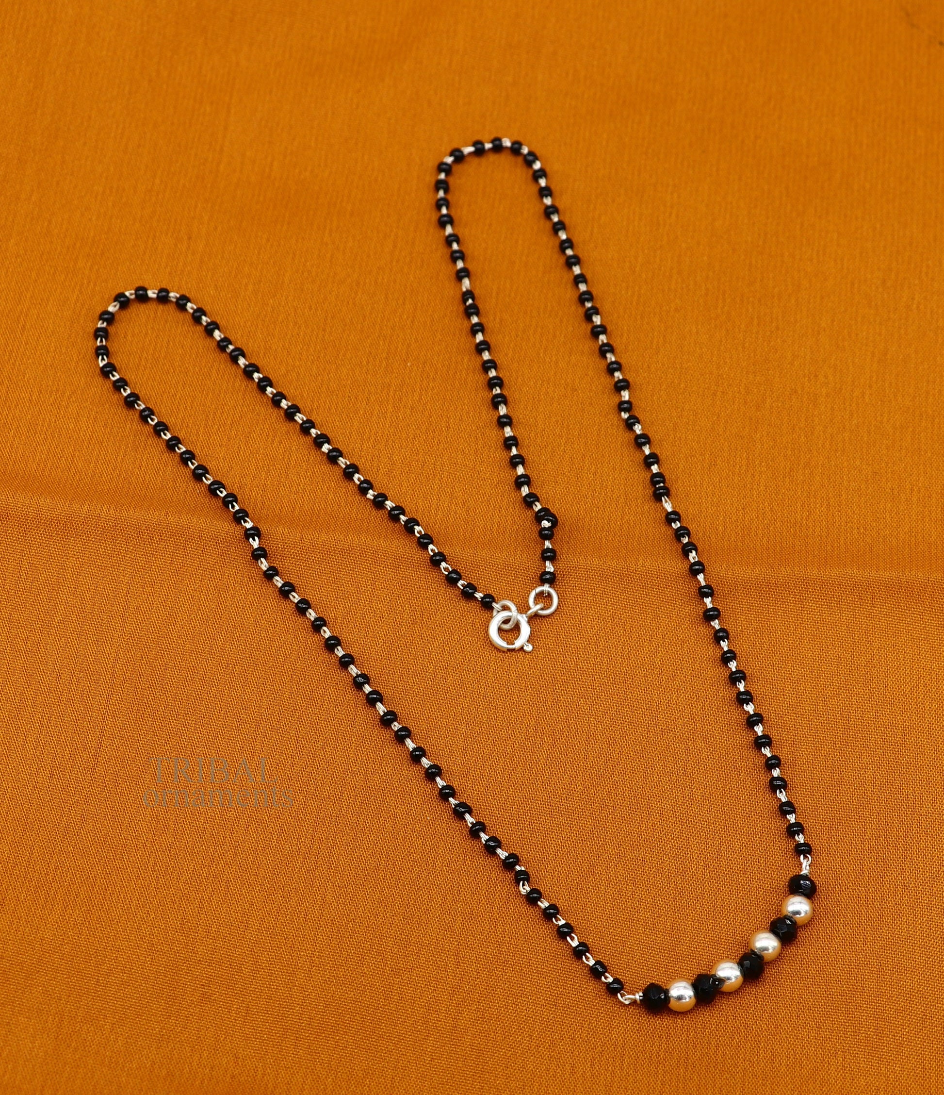 Elegant 925 sterling silver black beads chain necklace, gorgeous small stone design pendant, Mangalsutra chain beaded necklace set328 - TRIBAL ORNAMENTS