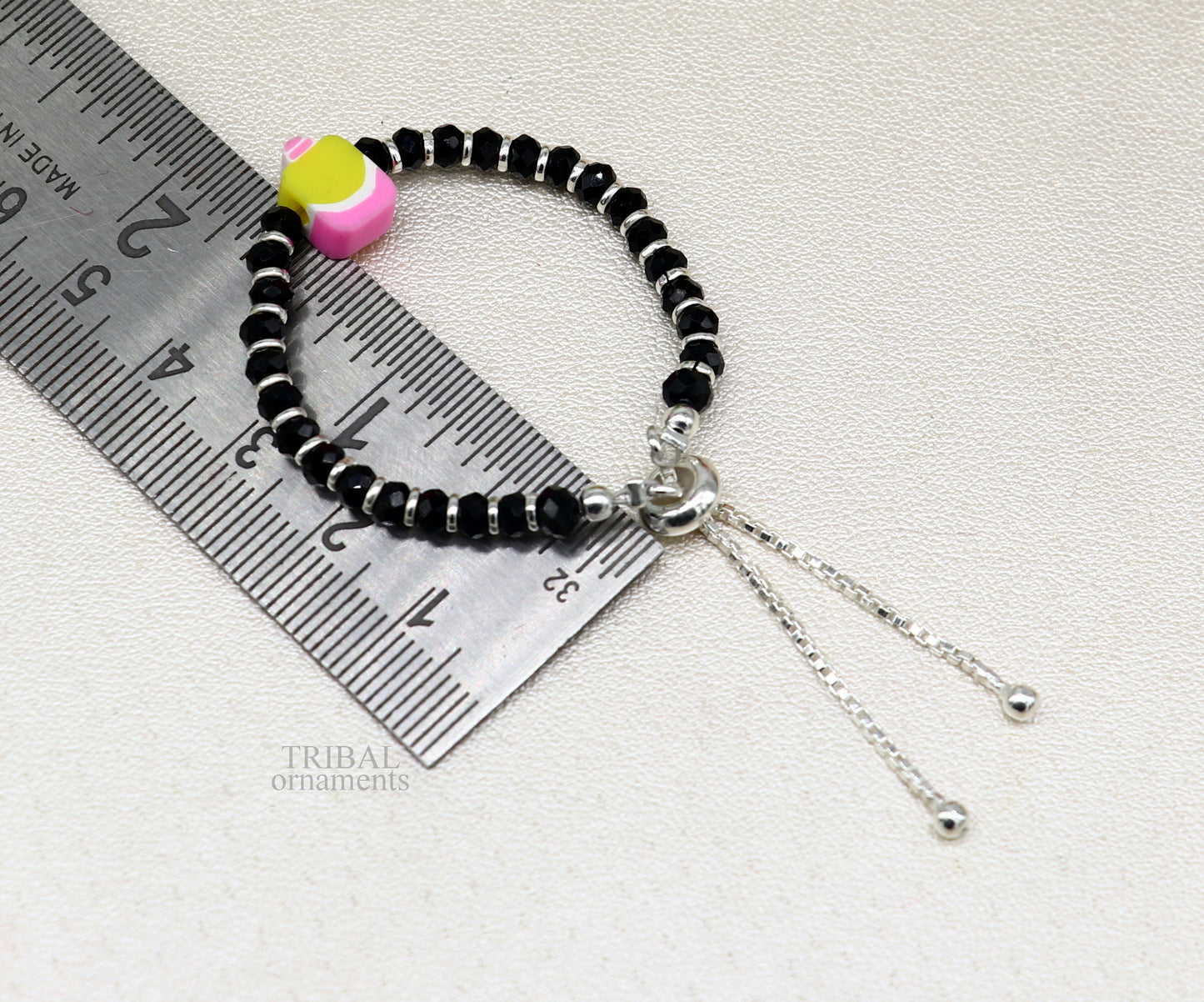 925 sterling silver black beaded stone handmade customized baby bracelet adjustable bracelet 'Nazariya' charm jewelry for girls bbr34 - TRIBAL ORNAMENTS