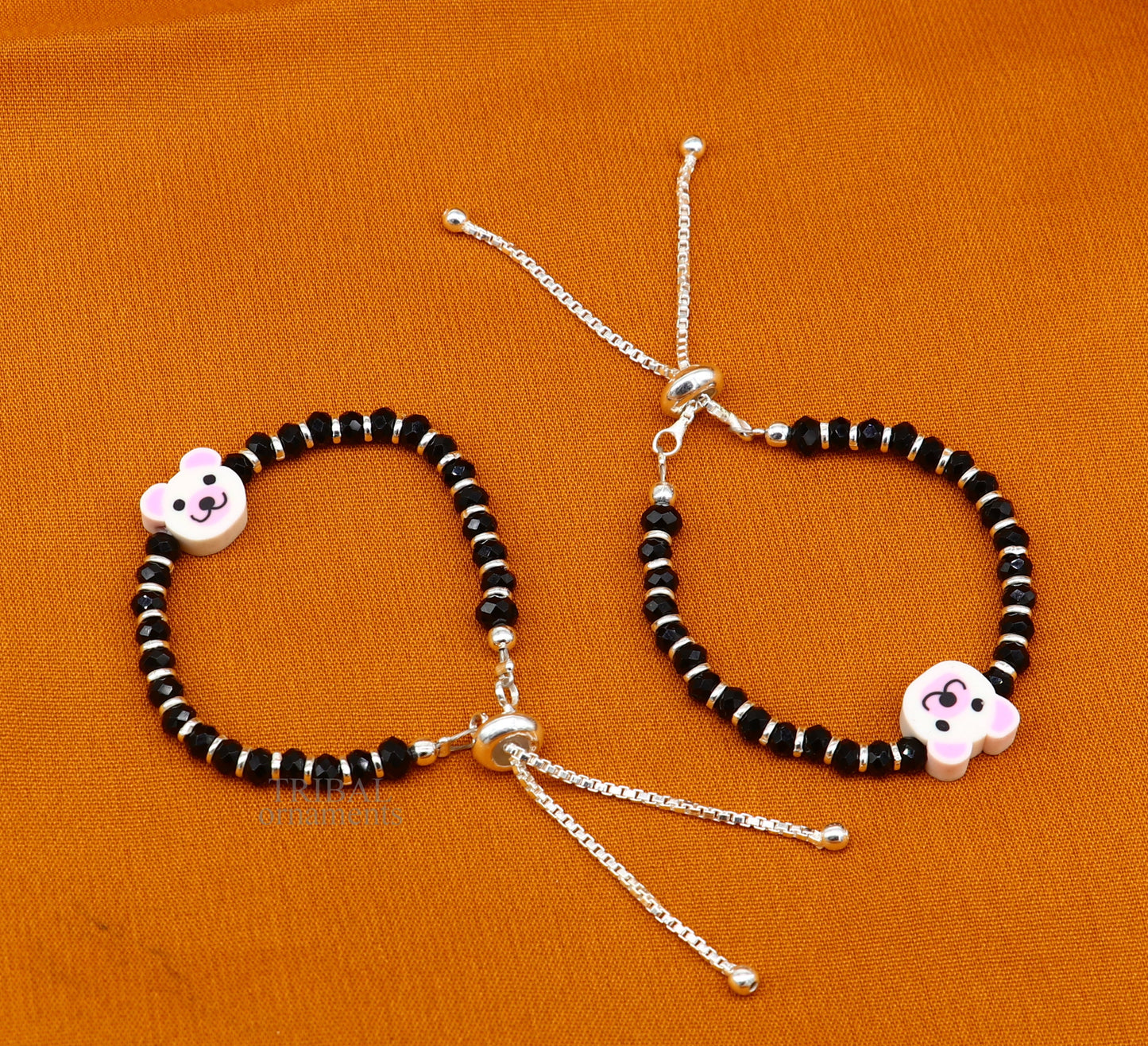 925 sterling silver black beaded stone handmade customized baby bracelet adjustable bracelet 'Nazariya' charm jewelry for girls bbr47 - TRIBAL ORNAMENTS
