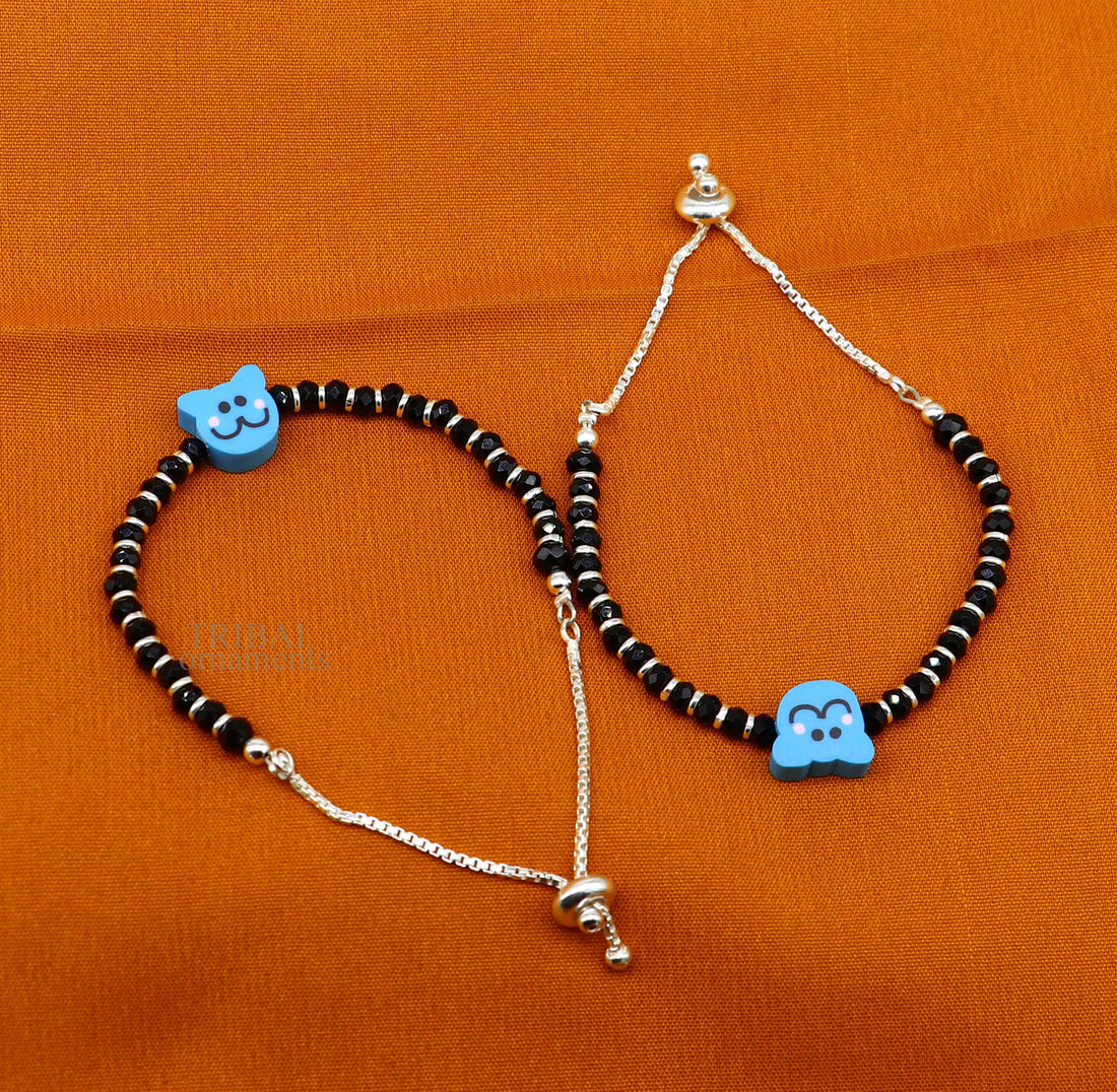 Elegant baby beaded bangle bracelet or ankle bracelet 925 sterling silver handmade customized kids jewelry form india bbr45 - TRIBAL ORNAMENTS