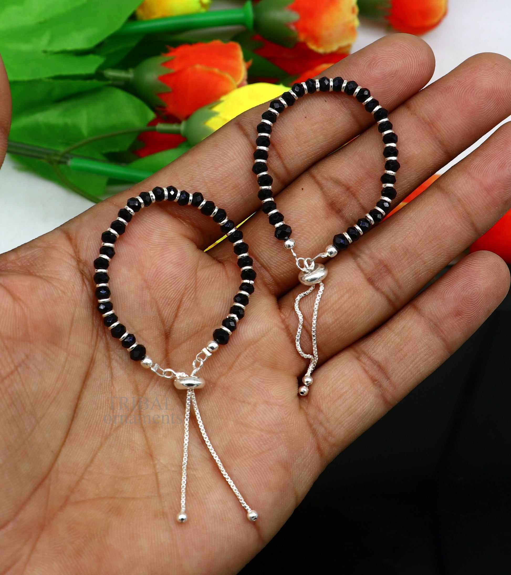 Best new born baby gift black beaded bangle bracelet or ankle bracelet 925 sterling silver handmade customized kids jewelry form india bbr22 - TRIBAL ORNAMENTS