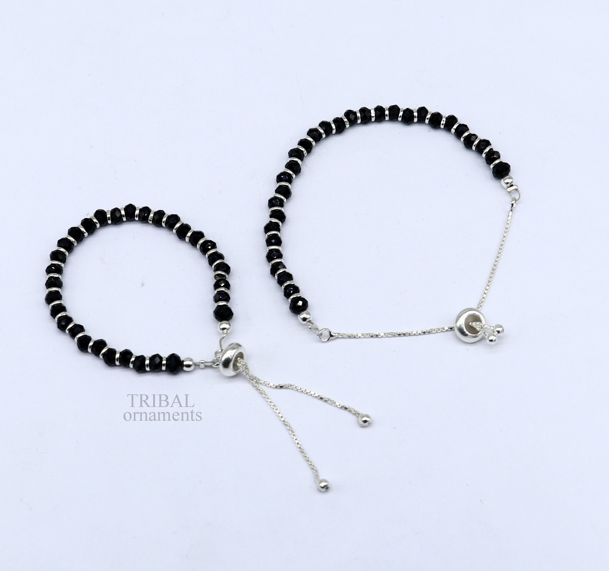 Best new born baby gift black beaded bangle bracelet or ankle bracelet 925 sterling silver handmade customized kids jewelry form india bbr22 - TRIBAL ORNAMENTS