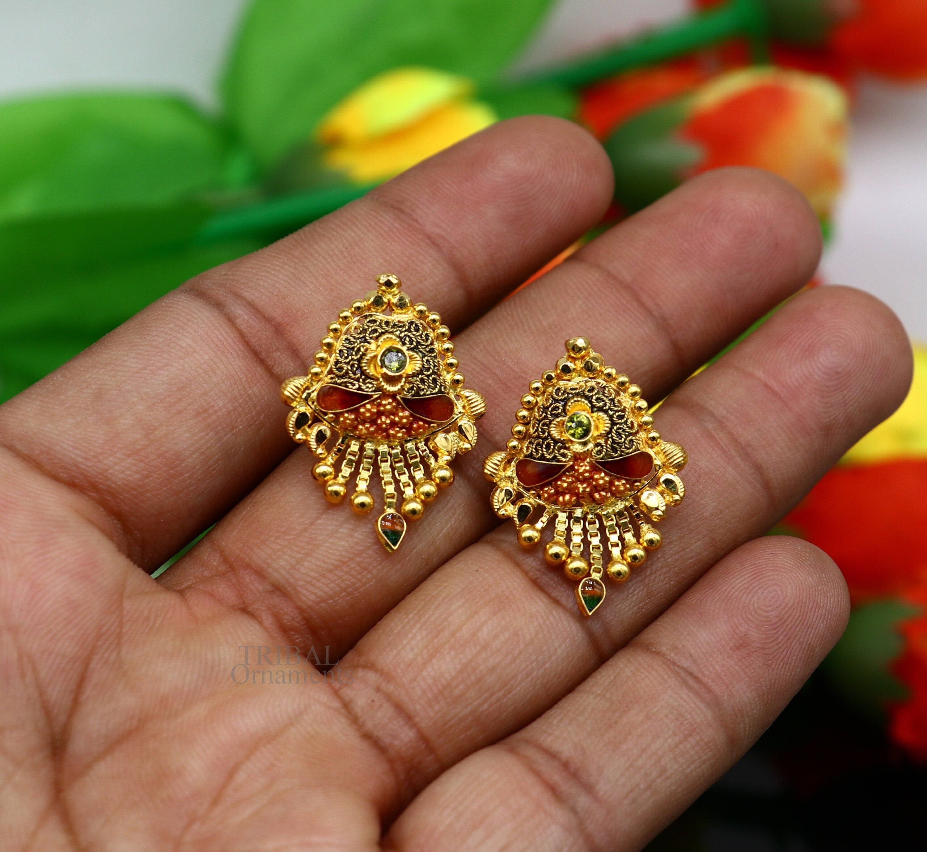 22k yellow gold fabulous handmade filigree work vintage style stud earrings  elegant wedding hallmarked jewelry from rajasthan Indian er132  TRIBAL  ORNAMENTS