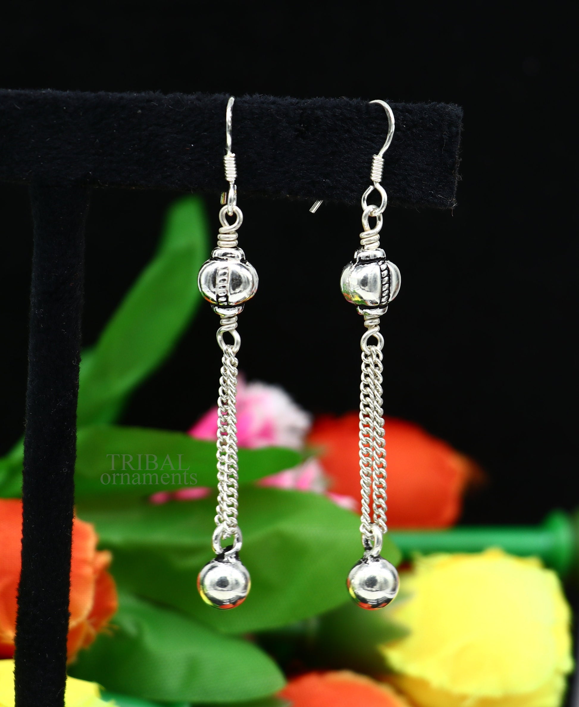 Exclusive 925 sterling silver handmade hook earrings with elegant fancy girl's hoops earring brides jewelry from india ear1085 - TRIBAL ORNAMENTS