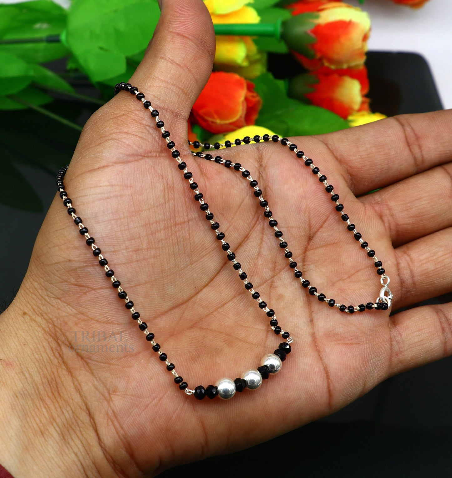 Elegant 925 sterling silver black beads chain necklace, gorgeous small silver bead design pendant, Mangalsutra chain beaded necklace set325 - TRIBAL ORNAMENTS