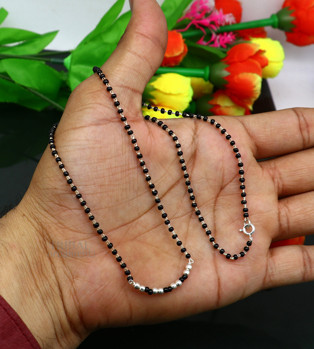 Elegant 925 sterling silver black beads chain necklace, gorgeous small stone design pendant, Mangalsutra chain beaded necklace set327 - TRIBAL ORNAMENTS