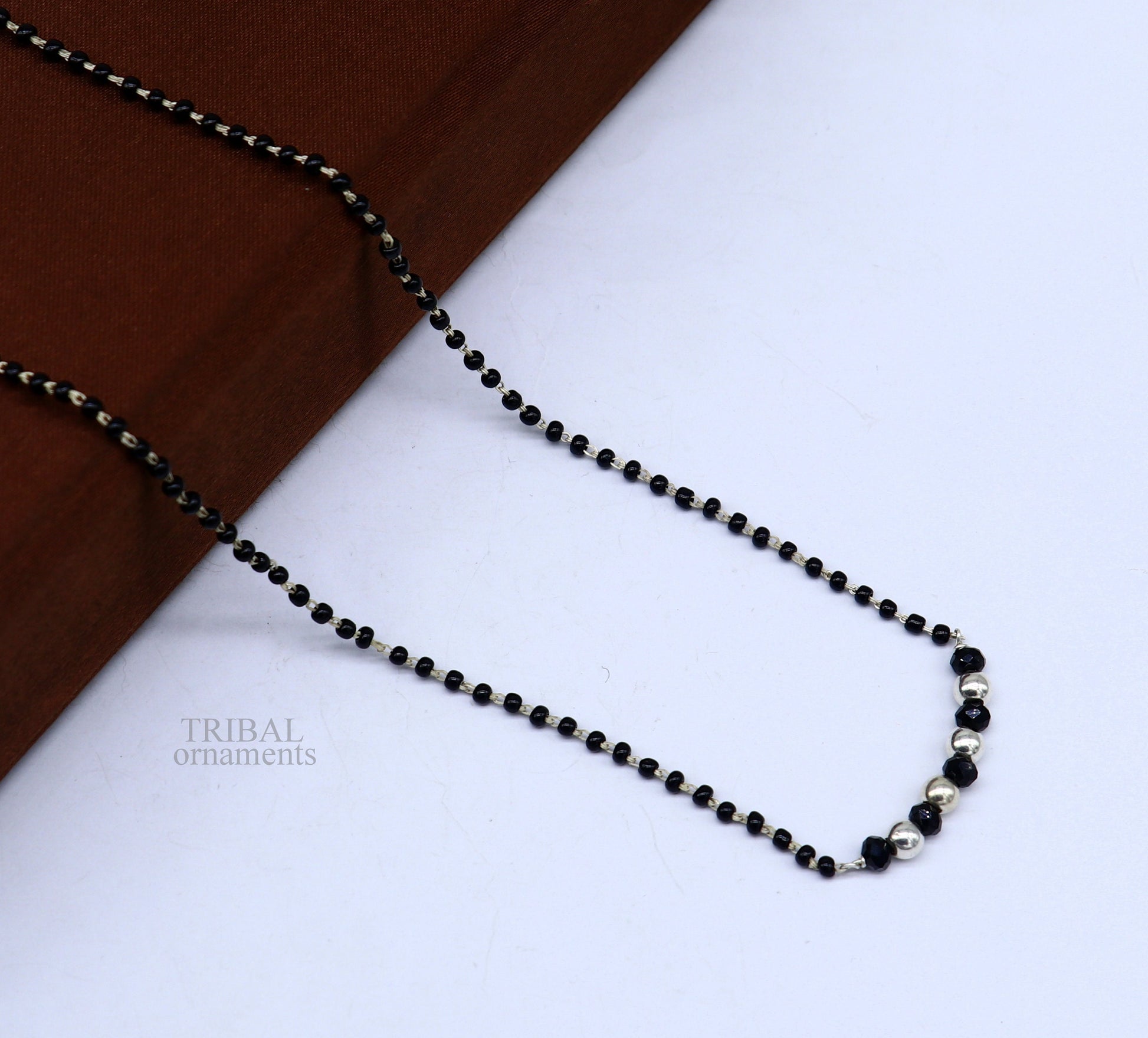 Elegant 925 sterling silver black beads chain necklace, gorgeous small stone design pendant, Mangalsutra chain beaded necklace set328 - TRIBAL ORNAMENTS