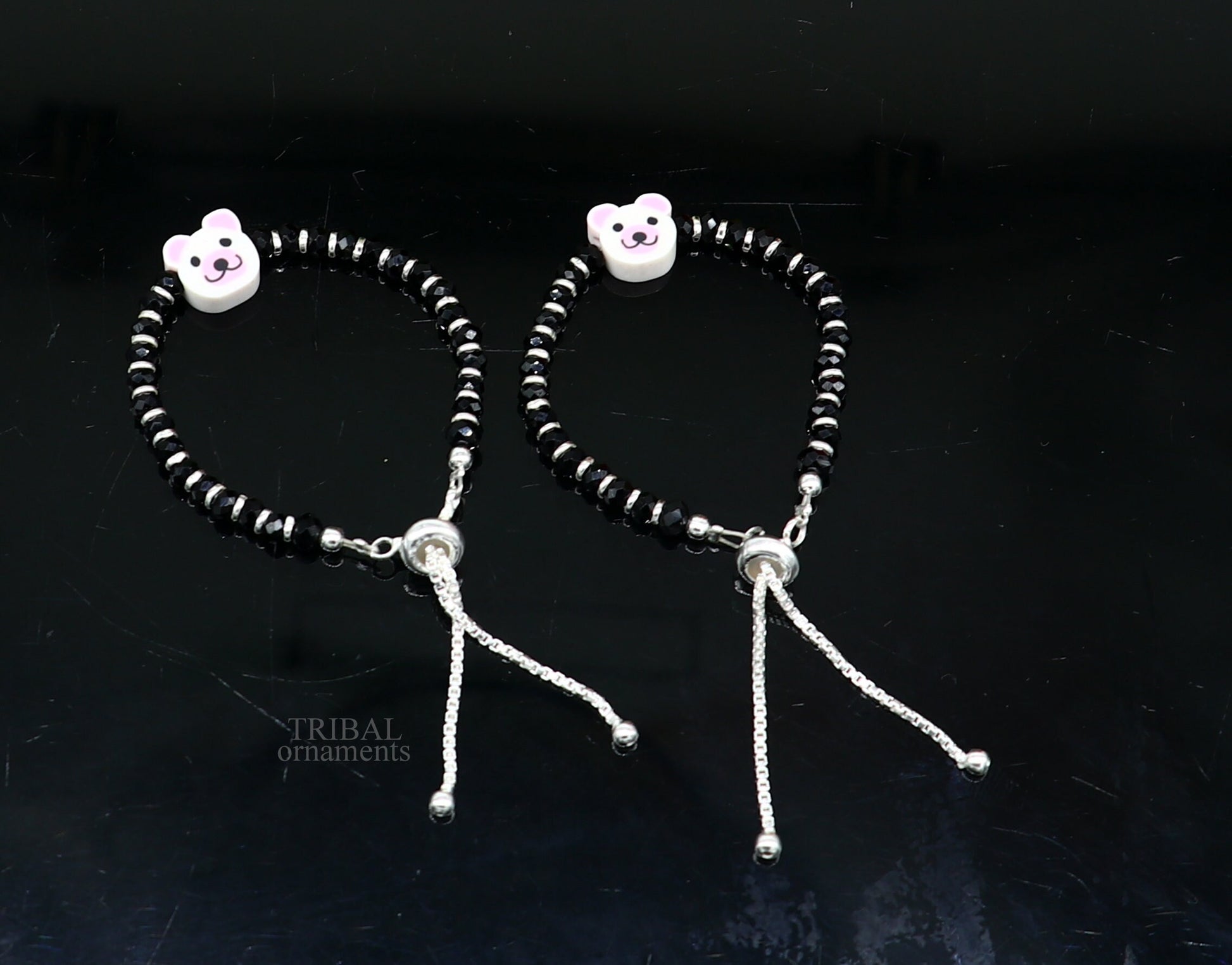 925 sterling silver black beaded stone handmade customized baby bracelet adjustable bracelet 'Nazariya' charm jewelry for girls bbr47 - TRIBAL ORNAMENTS
